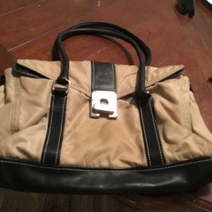 Authentic Vintage Prada Handbag Tan Nylon and Black Leather
